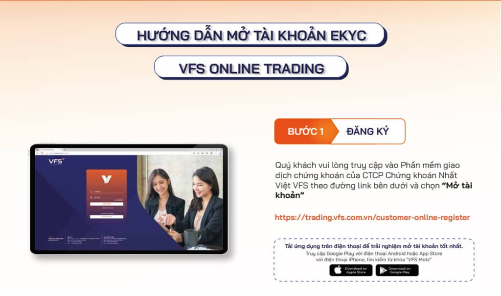 Truy cập vào phần mềm giao dịch chứng khoán của Chứng khoán Nhất Việt (VFS) để nhấn chọn Mở tài khoản