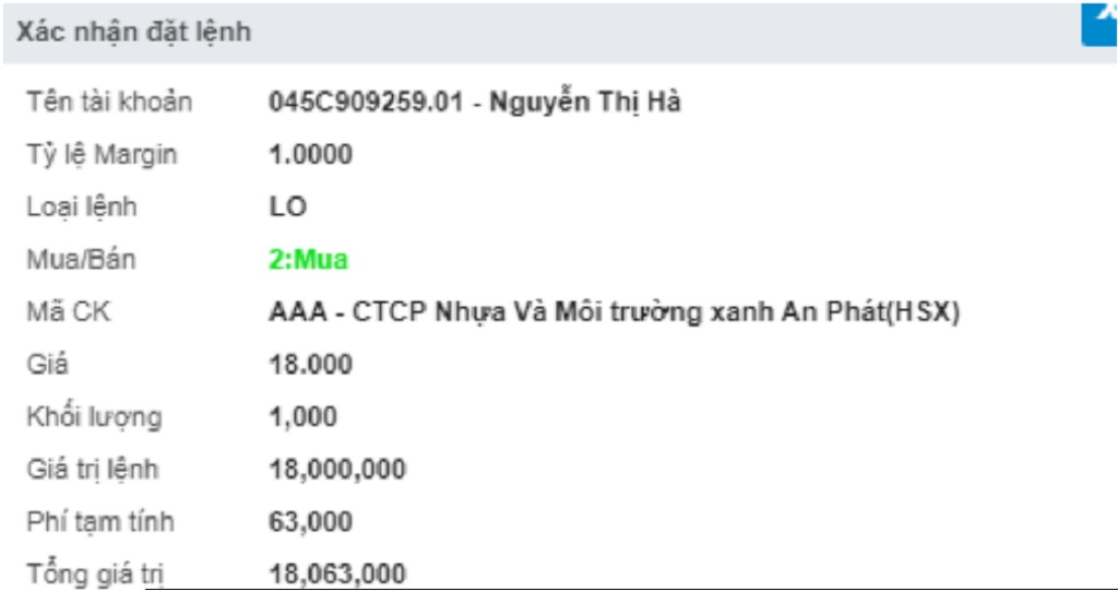 xác nhận đặt lệnh